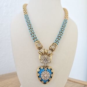 Vintage Gold & Turquoise Enamel Heart Pendant Necklace | Crystal Cross Medallion